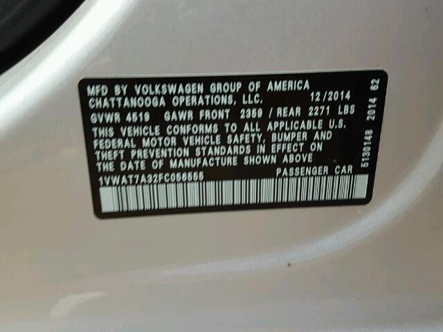 1VWAT7A32FC056555 - 2015 VOLKSWAGEN PASSAT S ვერცხლისფერი ფოტო 10
