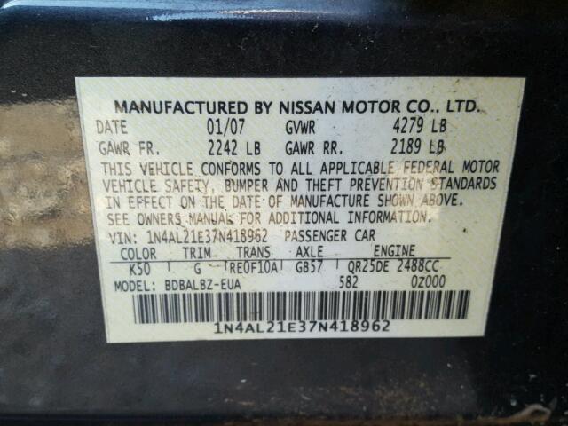 1N4AL21E37N418962 - 2007 NISSAN ALTIMA 2.5 BLACK photo 10