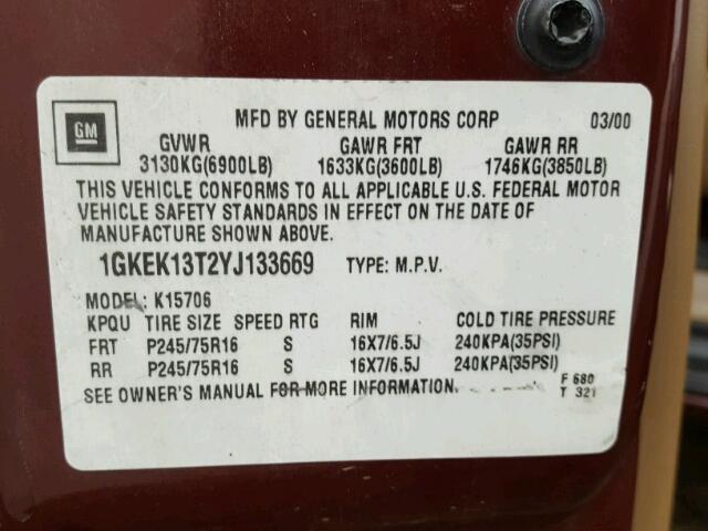 1GKEK13T2YJ133669 - 2000 GMC YUKON BURGUNDY photo 10