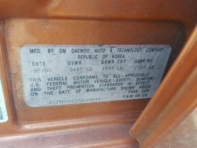 KL1TD56637B064548 - 2007 CHEVROLET AVEO BASE Նարնջագույն լուսանկար 10