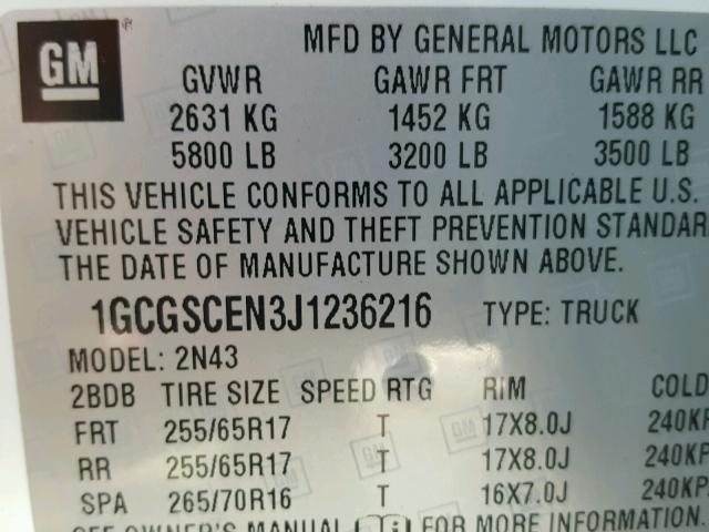 1GCGSCEN3J1236216 - 2018 CHEVROLET COLORADO L WHITE photo 10