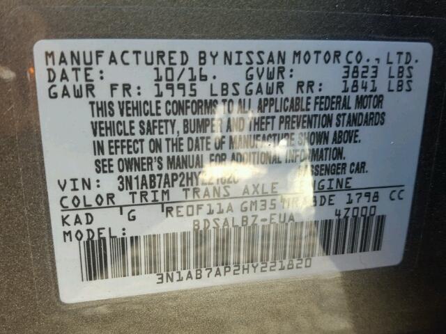 3N1AB7AP2HY221820 - 2017 NISSAN SENTRA S GRAY photo 10