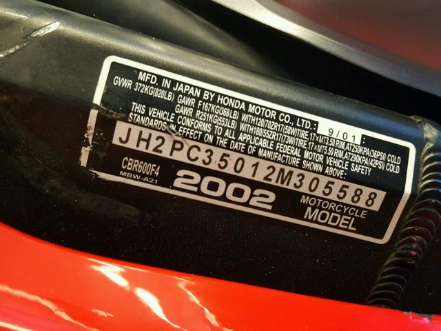 JH2PC35012M305588 - 2002 HONDA CBR600 F4 RED photo 10