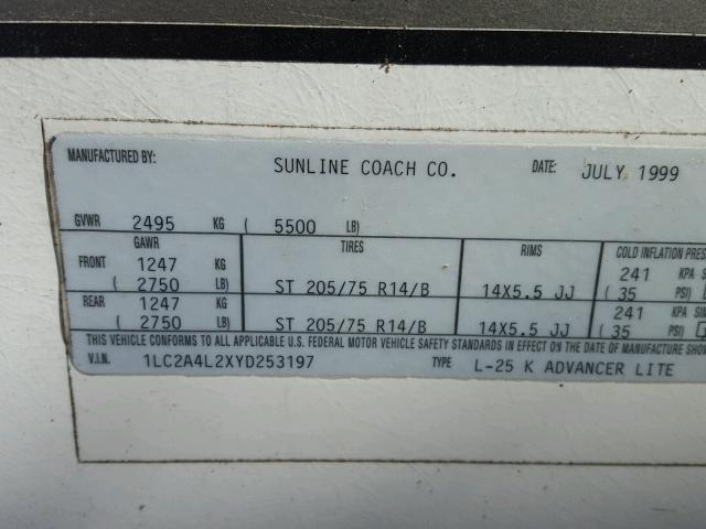 1LC2A4L2XYD253197 - 2000 SUNL CAMPER TRL BEIGE photo 10