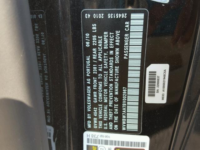 WVWBW7AH7BV002967 - 2011 VOLKSWAGEN EOS KOMFOR 黑色 照片 10