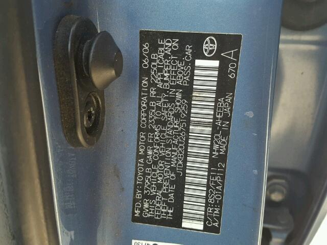 JTDKB20U267519259 - 2006 TOYOTA PRIUS BLUE photo 10