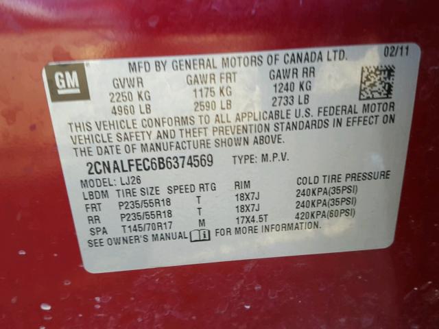 2CNALFEC6B6374569 - 2011 CHEVROLET EQUINOX LT BURGUNDY photo 10