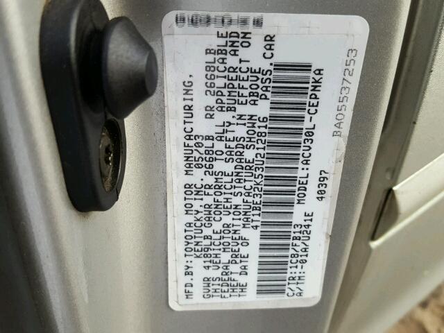 4T1BE32K53U212816 - 2003 TOYOTA CAMRY LE SILVER photo 10