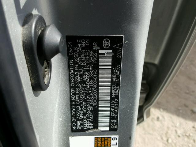 JTDKB20U740090190 - 2004 TOYOTA PRIUS SILVER photo 10