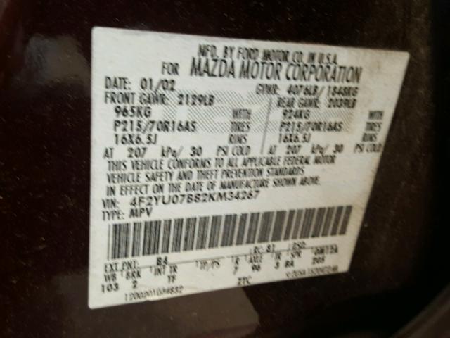 4F2YU07B82KM34267 - 2002 MAZDA TRIBUTE DX 勃艮第红 照片 10