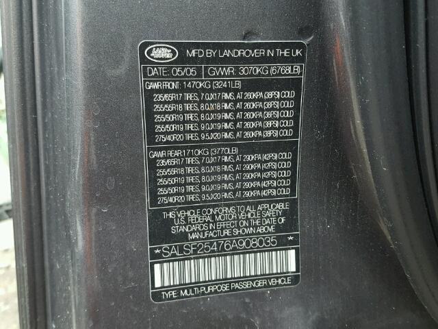 SALSF25476A908035 - 2006 LAND ROVER RANGE ROVE GRAY photo 10