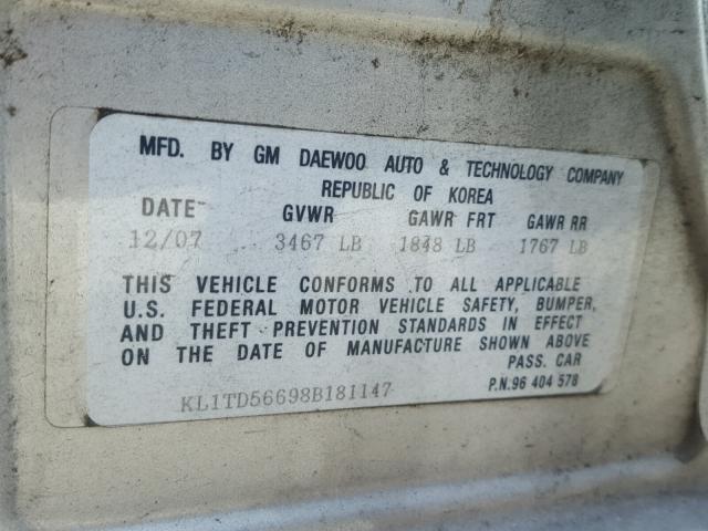 KL1TD56698B181147 - 2008 CHEVROLET AVEO BASE Argent photo 10