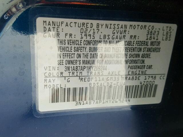 3N1AB7AP1HY269244 - 2017 NISSAN SENTRA S BLUE photo 10