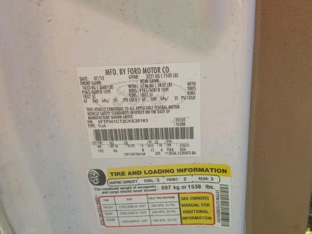 1FTFW1CT2CKE25183 - 2012 FORD F150 Ақ фото 10