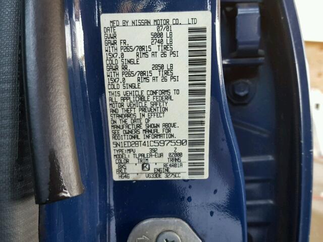 5N1ED28T41C597590 - 2001 NISSAN XTERRA XE BLUE photo 10