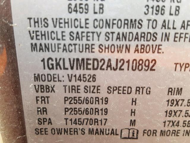 1GKLVMED2AJ210892 - 2010 GMC ACADIA SLT 棕色 照片 10