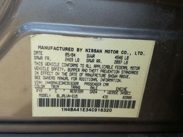 1N4BA41E34C916320 - 2004 NISSAN MAXIMA SE TAN photo 10