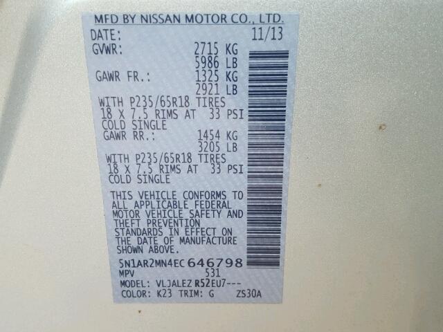 5N1AR2MN4EC646798 - 2014 NISSAN PATHFINDER SILVER photo 10