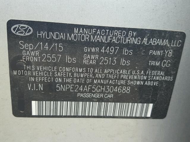 5NPE24AF5GH304688 - 2016 HYUNDAI SONATA SE GRAY photo 10