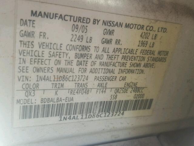 1N4AL11D86C123724 - 2006 NISSAN ALTIMA S WHITE photo 10