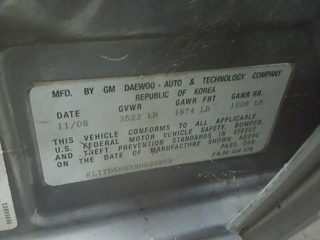 KL1TD56EX9B626858 - 2009 CHEVROLET AVEO LS SILVER photo 10