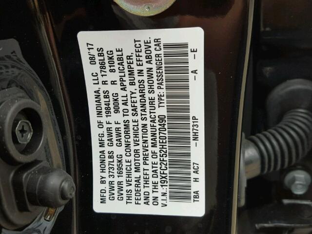 19XFC2F52HE070490 - 2017 HONDA CIVIC BLACK photo 10