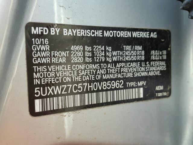 5UXWZ7C57H0V85962 - 2017 BMW X3 SDRIVE2 SILVER photo 10