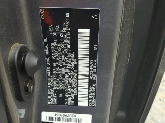 5TDZA23C05S289312 - 2005 TOYOTA SIENNA CE CHARCOAL photo 10