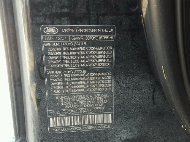 SALSK25408A156337 - 2008 LAND ROVER RANGE ROVE BLACK photo 10