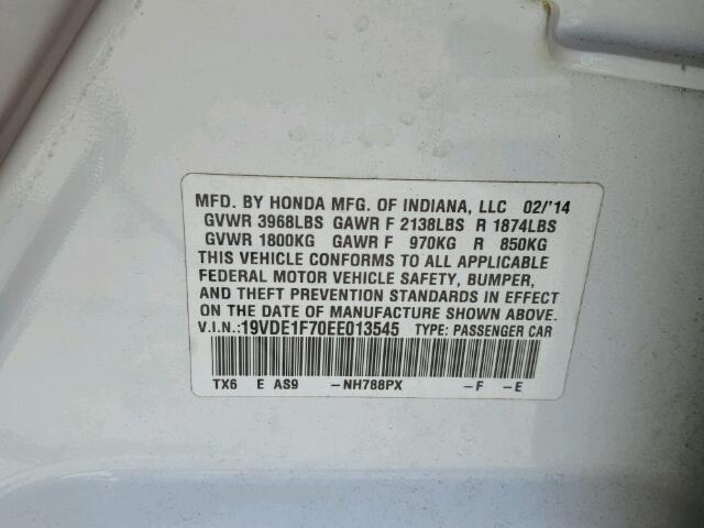 19VDE1F70EE013545 - 2014 ACURA ILX 20 TEC WHITE photo 10