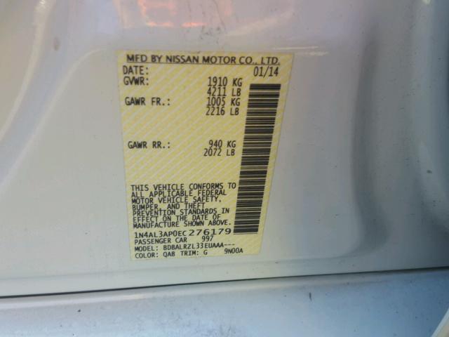 1N4AL3AP0EC276179 - 2014 NISSAN ALTIMA WHITE photo 10