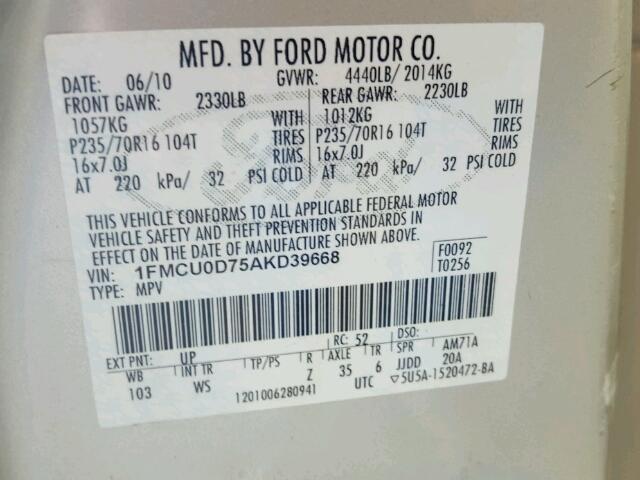 1FMCU0D75AKD39668 - 2010 FORD ESCAPE TAN photo 10