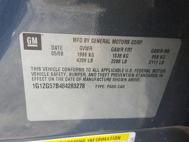 1G1ZG57B484283278 - 2008 CHEVROLET MALIBU LS Сұр фото 10