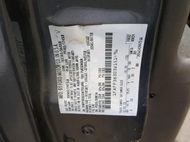 1FAFP38303W151496 - 2003 FORD FOCUS ZTS GRAY photo 10