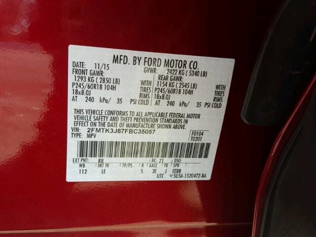 2FMTK3J87FBC35057 - 2015 FORD EDGE Kırmızı fotoğraf 10