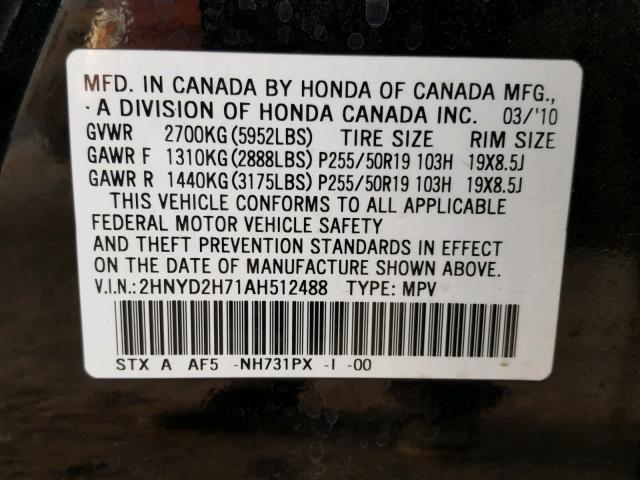 2HNYD2H71AH512488 - 2010 ACURA MDX ADVANC BLACK photo 10