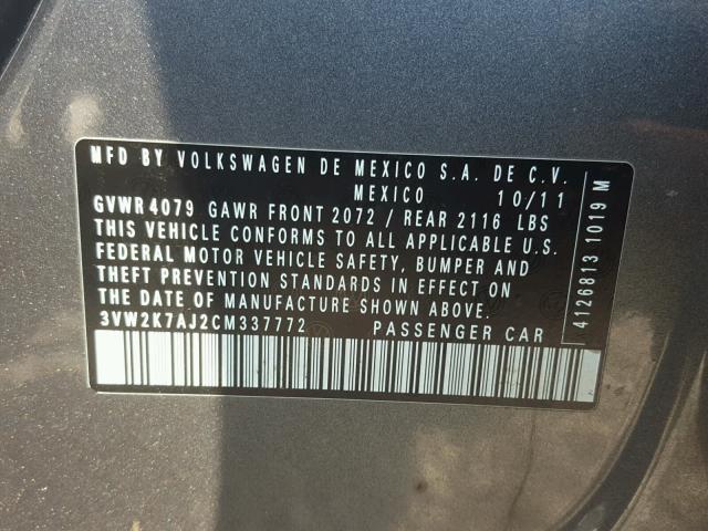 3VW2K7AJ2CM337772 - 2012 VOLKSWAGEN JETTA BASE 灰色 照片 10