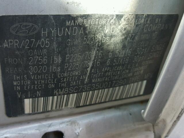 KM8SC73E35U017290 - 2005 HYUNDAI SANTA FE G SILVER photo 10