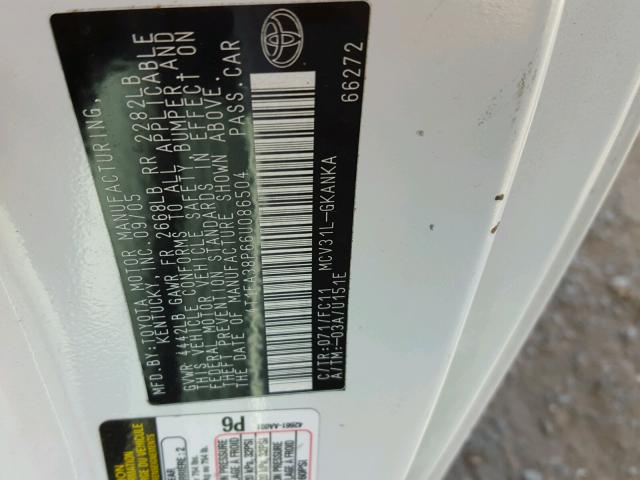 4T1FA38P66U086504 - 2006 TOYOTA CAMRY SOLA WHITE photo 10