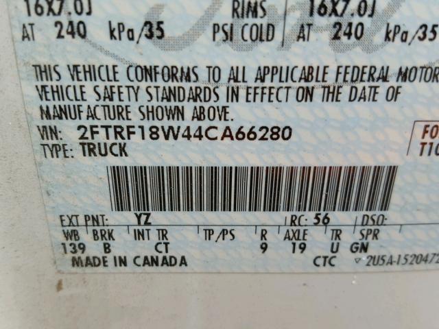 2FTRF18W44CA66280 - 2004 FORD F-150 HERI WHITE photo 10