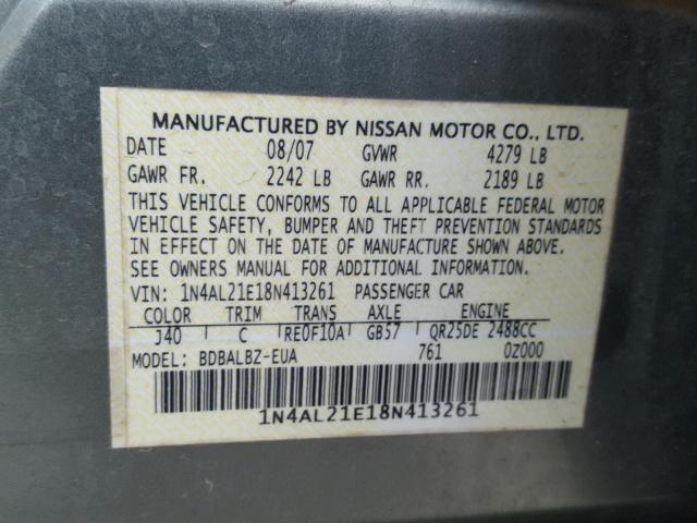 1N4AL21E18N413261 - 2008 NISSAN ALTIMA 2.5 GREEN photo 10