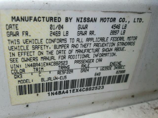 1N4BA41EX4C882523 - 2004 NISSAN MAXIMA WHITE photo 10