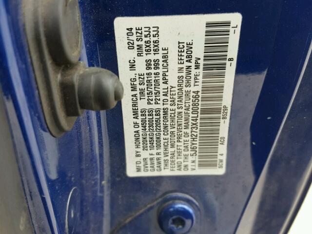 5J6YH273X4L008564 - 2004 HONDA ELEMENT LX BLUE photo 10