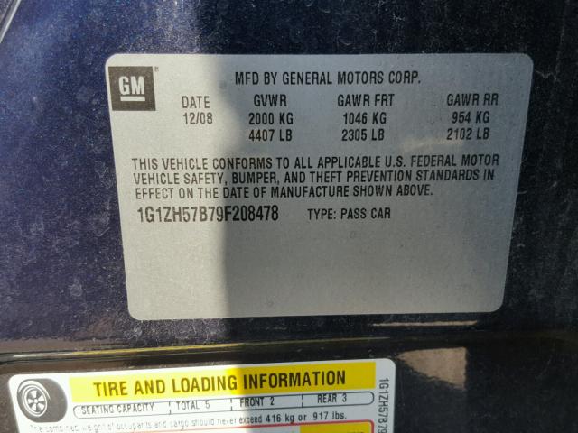 1G1ZH57B79F208478 - 2009 CHEVROLET MALIBU 1LT BLUE photo 10