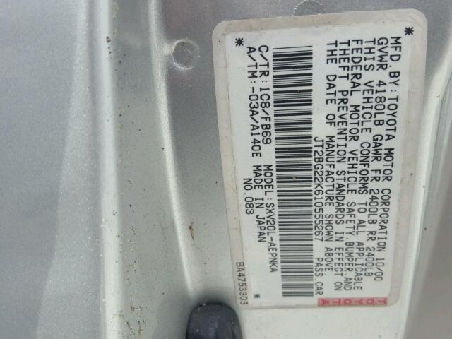 JT2BG22K610555267 - 2001 TOYOTA CAMRY SILVER photo 10