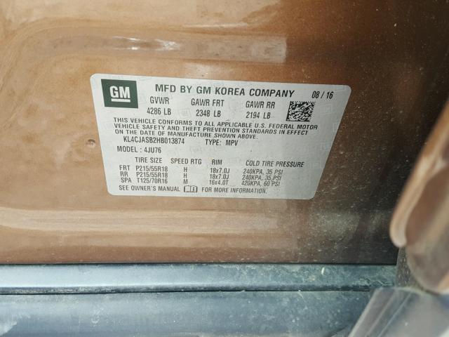 KL4CJASB2HB013874 - 2017 BUICK ENCORE PRE TAN photo 10