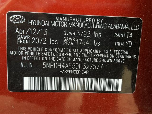 5NPDH4AE5DH327577 - 2013 HYUNDAI ELANTRA GL MAROON photo 10