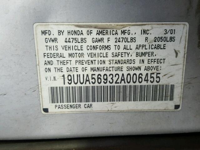 19UUA56932A006455 - 2002 ACURA 3.2TL SILVER photo 10