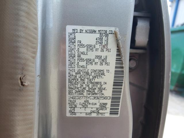 1N6ED27T5YC392583 - 2000 NISSAN FRONTIER C SILVER photo 10