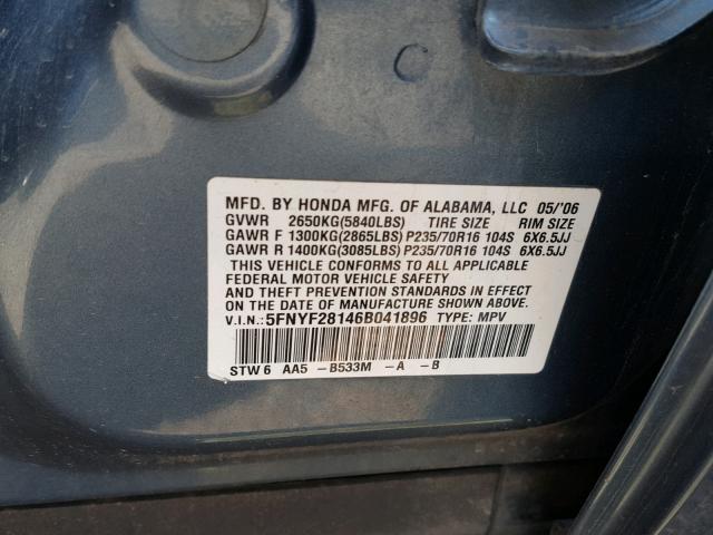 5FNYF28146B041896 - 2006 HONDA PILOT LX BLUE photo 10